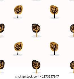 Stylised Tree Wood Repeating Seamless Pattern, Hand Drawn Vintage Style Nature lllustration of Folk Art Forest for Fabric, Scrapbooking, Fashion Prints Textiles, Retro Wallpaper, Modern Pop Stationery