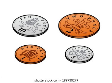 Stylised UK sterling low value penny coins. 1, 2, 5, 10 pence.