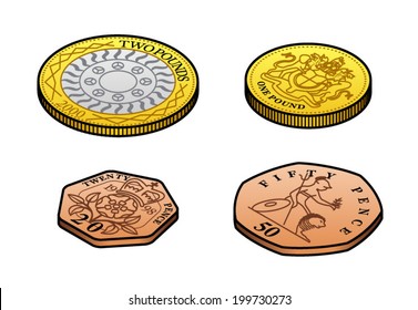 Stylised UK sterling pound and high value penny coins. 20 and 50 pence, 1 and 2 pounds.