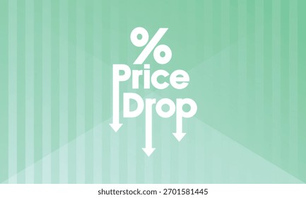 Ilustração vetorial estilizada apresentando as palavras "Price Drop" com uma seta apontando para baixo. Moderno, estilo plano com um fundo verde vibrante, adequado para promoções, banners de vendas, anúncios