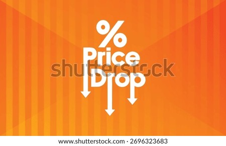 Stylised vector illustration featuring the words "Price Drop" with a downward-pointing arrow. Modern, flat style with a vibrant green background, suitable for promotions, sales banners, advertisements