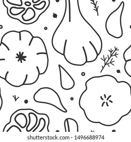 Stylised vector illustration of garlic in hand drawn sketch style. Line drawing made as repeat background. Linear contour seamless vector pattern of vegetable cooking ingredients with seasoning.