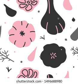 Stylised vector illustration of garlic, hand drawn sketch style. Drawing made as repeat background. Colorful seamless vector pattern of vegetable cooking ingredients with seasoning for kitchen textile