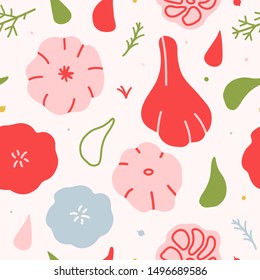 Stylised vector illustration of garlic, hand drawn sketch style. Drawing made as repeat background. Colorful seamless vector pattern of vegetable cooking ingredients with seasoning for kitchen textile