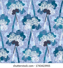 Stylised  winter Beech tree silhouettes with snow texture. Seamless vector pattern on dotted background. Great for wallpapers, interior decoration, curtains, wrapping paper and fashion fabric.  