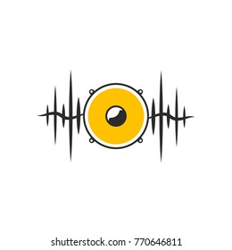 Stylised yellow speaker on dark waves. Minimalistic sound logo on white background. Vector illustration