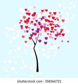 Stylised young tree on the pale blue background with leaves in the form of colorful small hearts for Valentine's day in the vector