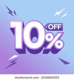 Stylish 10% discount sale label featuring bold 3D typography with lightning-style graphics on a vibrant gradient background in purple and blue.