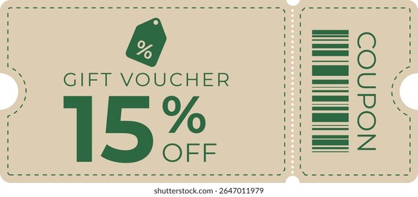 Stylish 15% discount coupon with a green and beige theme, ideal for sales, promotions, retail offers, and marketing campaigns. Perfect for commercial, e-commerce, or store advertising use.
