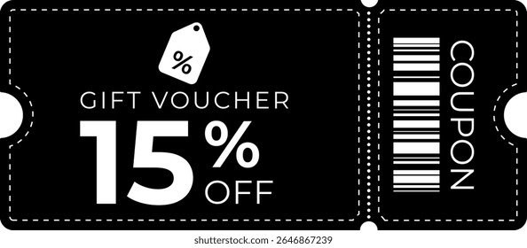 Stylish 15% off coupon with black background, bold white text, and clean dashed border. Perfect for sales, promotions, offers, discounts, and marketing materials. Isolated on dark theme
