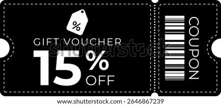 Stylish 15% off coupon with black background, bold white text, and clean dashed border. Perfect for sales, promotions, offers, discounts, and marketing materials. Isolated on dark theme