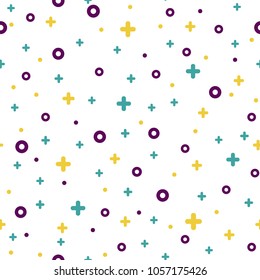 Stylish 1980s abstract memphis seamless pattern. Trendy texture with color simple funky shapes on white background. Vector illustration in memphis pop art style for fun fabric print or poster template