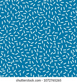 Stylish 1980s abstract memphis seamless pattern. Trendy minimal ornament with white dashes on blue background. Vector illustration in memphis art style for modern graphic or invitation templates