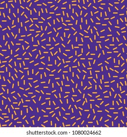 Stylish 1980s abstract memphis seamless pattern. Stylish minimal ornament with orange dashes on violet background. Vector illustration in memphis art style for poster template or fabric print