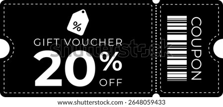 Stylish 20% off coupon with black background, bold white text, and clean dashed border. Perfect for sales, promotions, offers, discounts, and marketing materials. Isolated on dark theme