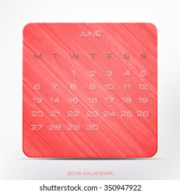 stylish, 2016 year calendar over pink wooden frame, isolated on white background. vector June organizer design