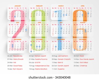 Elegante diseño de calendario anual 2016 con lista de vacaciones para la celebración de Año Nuevo Feliz.