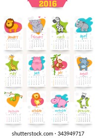 Stylish 2016 Yearly Calendar design with wild animals for Happy New Year celebration.