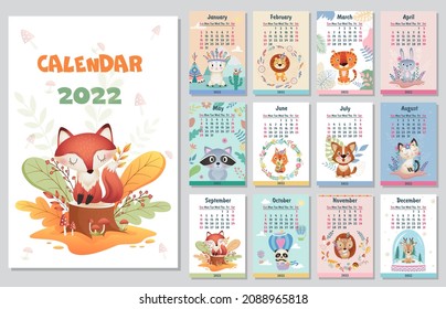 Stylish 2022 cute Yearly Calendar design with flowers leaves feathers with Indians animals on different Background