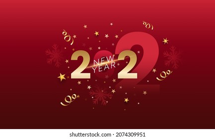 Stylish 2022 New Year Font With Golden Stars, Curl Ribbons And Snowflakes On Red Background.