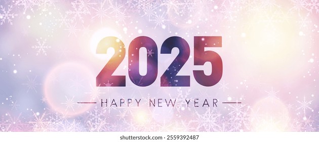 Stylish 2025 Happy New Year design featuring glowing light effects, snowflakes, and soft pastel tones. Perfect for festive winter celebrations.