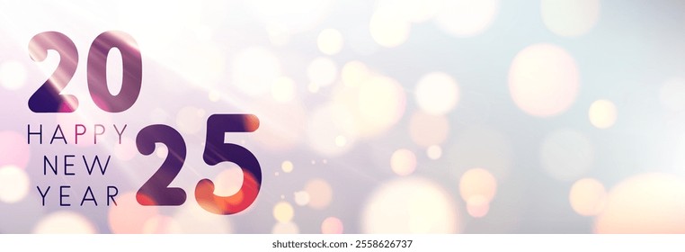 Stylish 2025 New Year design featuring radiant bokeh lights and sleek typography. Vector illustration for celebratory themes.