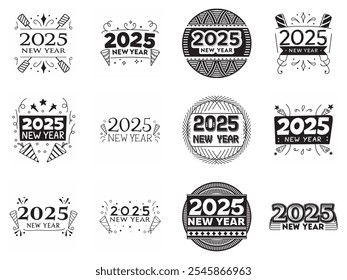 Stylish 2025 New Year's Eve Logo Collection in Black and White