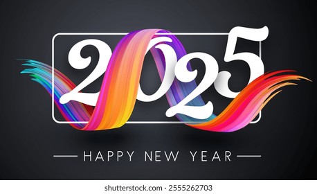 Stylish 2025 typography featuring a vibrant ribbon swirl on a sleek dark background. Vector illustration.