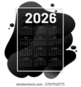 layout elegante do calendário 2026 em branco vetor de cor preta