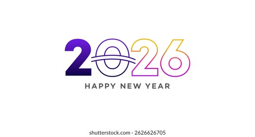Stylish 2026 Happy New Year design. Gradient colors in purple, orange, pink. Minimalist line art style. Celebratory new years graphic.