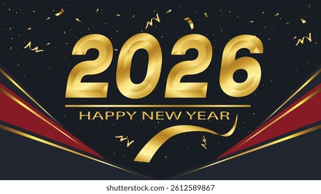 Stylish 2026 New Year celebration design featuring golden numbers, confetti, and elegant ribbon accents on a luxurious black and red background.