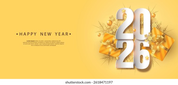 Stylish 2026 New Year Celebration Design Featuring Elegant Gift Boxes and Decorative Snowflakes on a Yellow Background