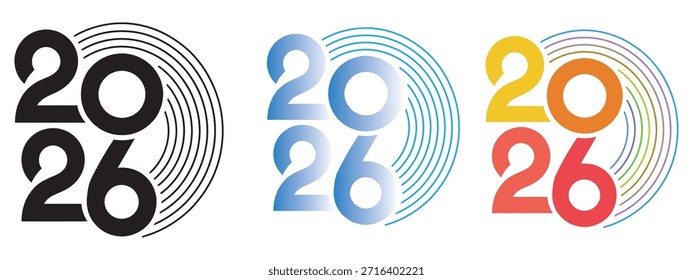 Elegante diseño numérico 2026 con círculos concéntricos en múltiples variaciones de color vibrantes