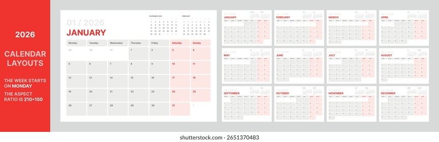 Estilo 2026 vetor calendário layout mínimo moderno vermelho acento grade segunda-feira começar printable ano completo planejador com vista mensal organizada limpo tipografia formato taxa de aspecto 210x150 horizontal