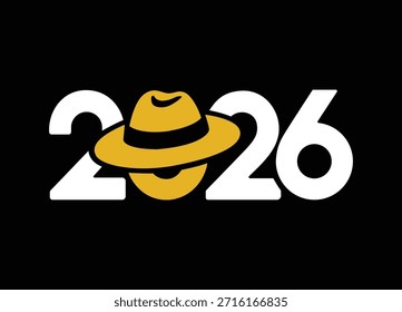 Stilvoller 2026-Jahres-Text mit einem coolen gelben Fedora-Hut-Design als Symbol für eine geheimnisvolle Zukunft