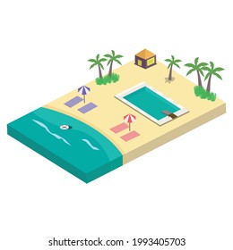 Stylish 2.5D Sandy beach landscape concept vector illustration. Sandy beach vector with swimming pool concept and coconut tree. Seashore 2.5D art with lifebuoy and sunbathe.