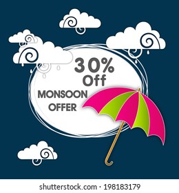 Stylish 30% Off, Monsoon Offer sticker, tag or label design with colourful open umbrella and clouds on blue background. 