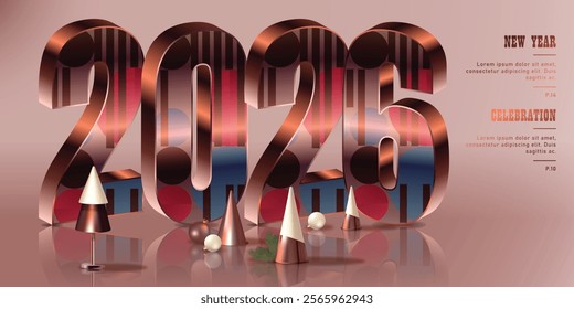 Stylish 3D 2026 New Year design with a contemporary metallic aesthetic, featuring reflective surfaces and artistic patterns of abstract shapes in warm tones.