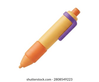 A stylish 3D ballpoint pen icon with soft, rounded shapes and a tactile matte finish. The vibrant combination of yellow, orange, and purple makes it perfect for educational apps, creative tools, and web design.