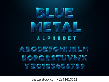 Stylish 3D blue metallic alphabet font. Premium three dimensional typeface