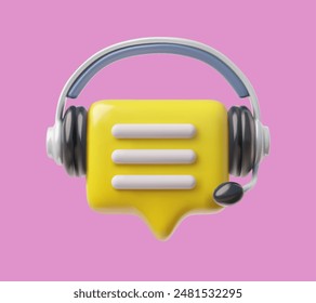 Stylish 3D chatbot icon with headphones and a speech bubble, crafted in vibrant yellow against a pink background. Vector illustration symbolizes interactive communication and customer support services