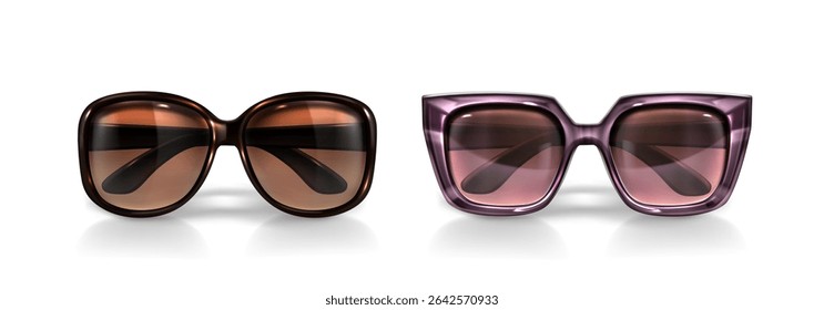 Stylish 3d eyewear set with bold frames - modern sunglasses in glossy tortoiseshell and translucent materials, gradient lenses for fashion accessories, summer promotions or optical store marketing.