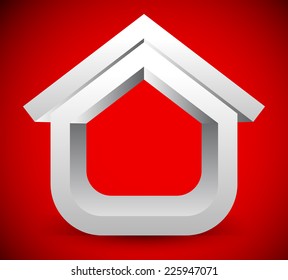Stylish 3D house on bright red. Crucial, critical, awareness concepts. Loan, mortgage, reconstruction etc. concepts