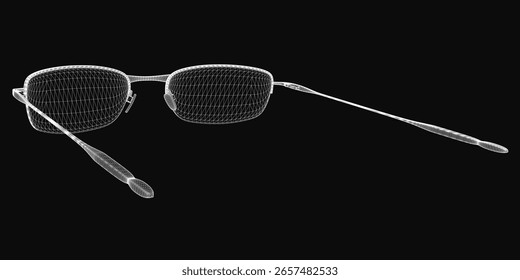 Gafas de sol 3D elegantes con un elegante diseño de estructura de alambre, que se muestra sobre un fondo negro liso. El modelo realista presenta monturas y lentes detalladas, perfectas para conceptos de moda o tecnología.