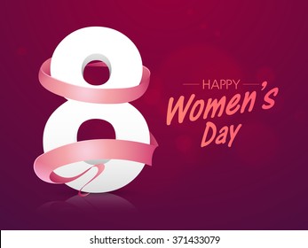 Stylish 3D text 8 March covered by ribbon on shiny background for Happy International Women's Day celebration.