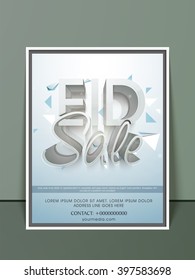Stylish 3D text Eid Sale on shiny background, Elegant Pamphlet, Banner or Flyer design for Muslim Community Festival celebration.