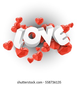 Stylish 3D text Love with red hearts for Valentine's Day celebration.
