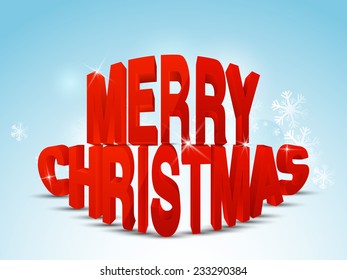 Elegante texto en 3d Feliz Navidad en copos de nieve con fondo azul decorado.