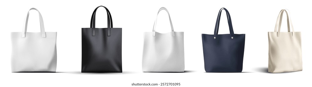 Stylish 3D vector illustration of five minimal tote bags in black, white, navy, and beige. Perfect for branding, product mockups, eco-friendly fashion, or promotional materials.