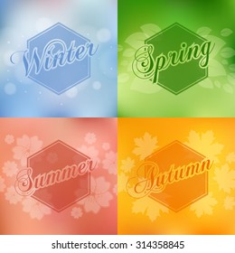 Stylish 4 season cards design with leavs flowers and bokeh effect.